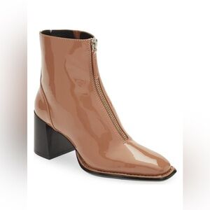 Open Edit Patent Leather Chloe Zip Front Ankle Boot Stack Heel Tan Camel Size 8